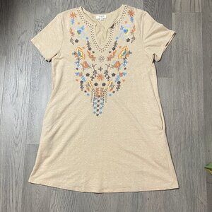 Umgee Floral Embroidered T Shirt Dress Short Sleeve Shift Tunic Mini - Size S